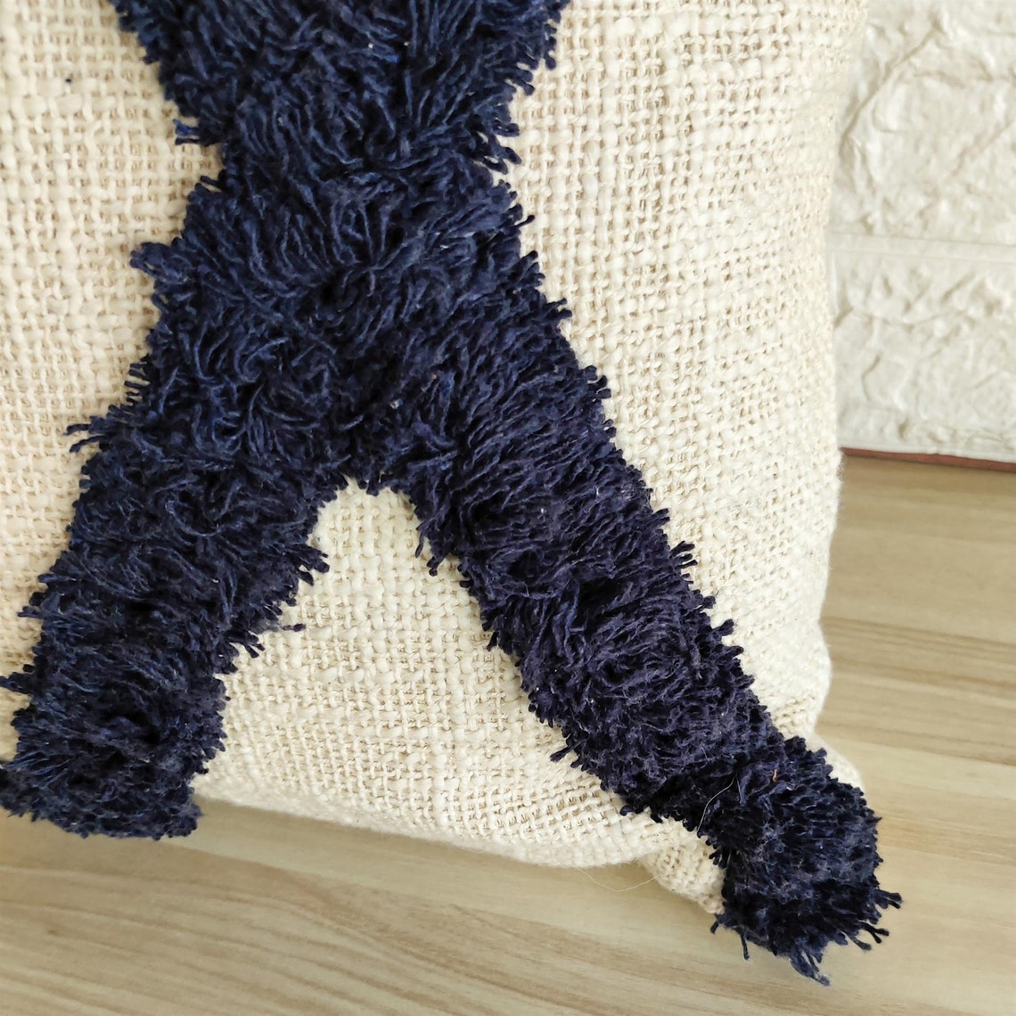 Navy Blue & Ivory Handtufted Cotton Cushion Cover