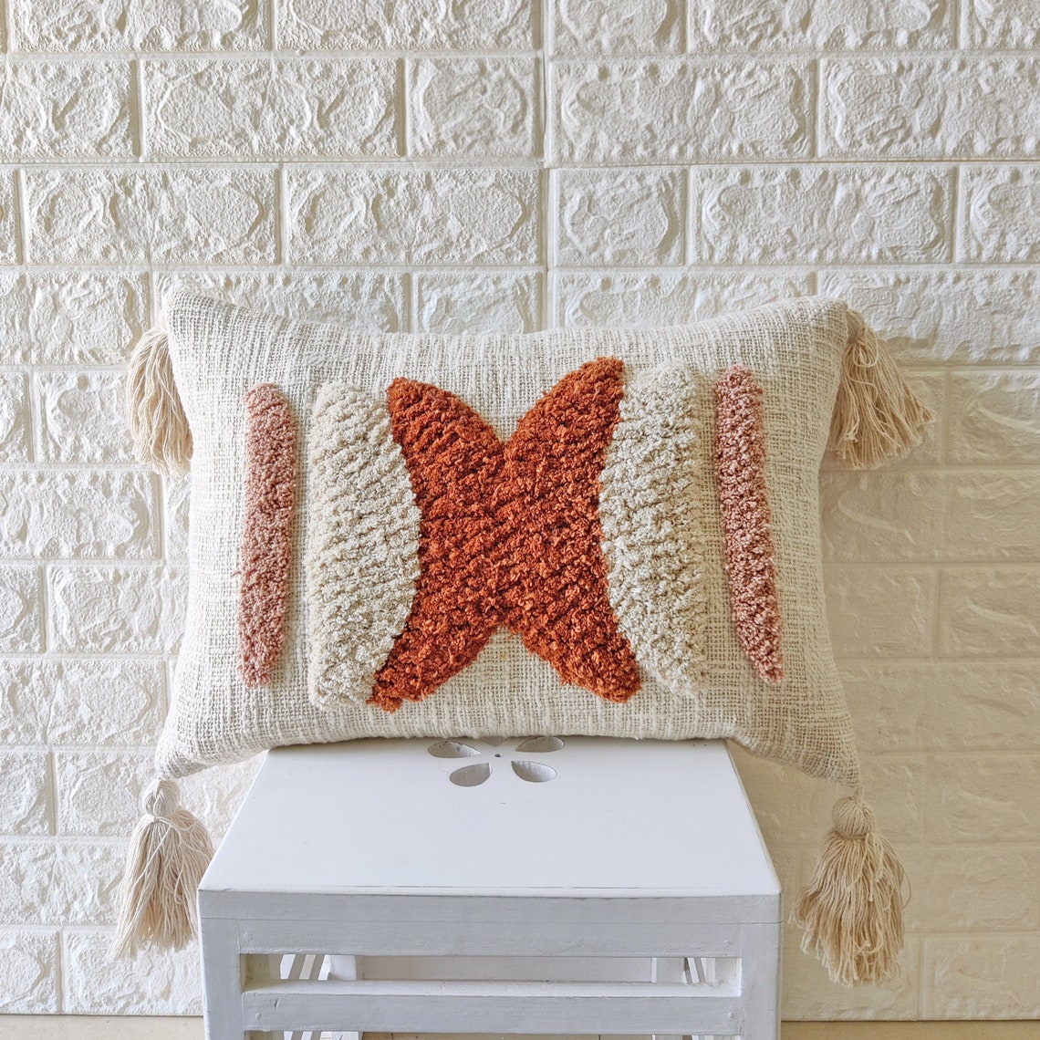 Rust Orange Blush Pink & Ivory Tufted Cushion Cover