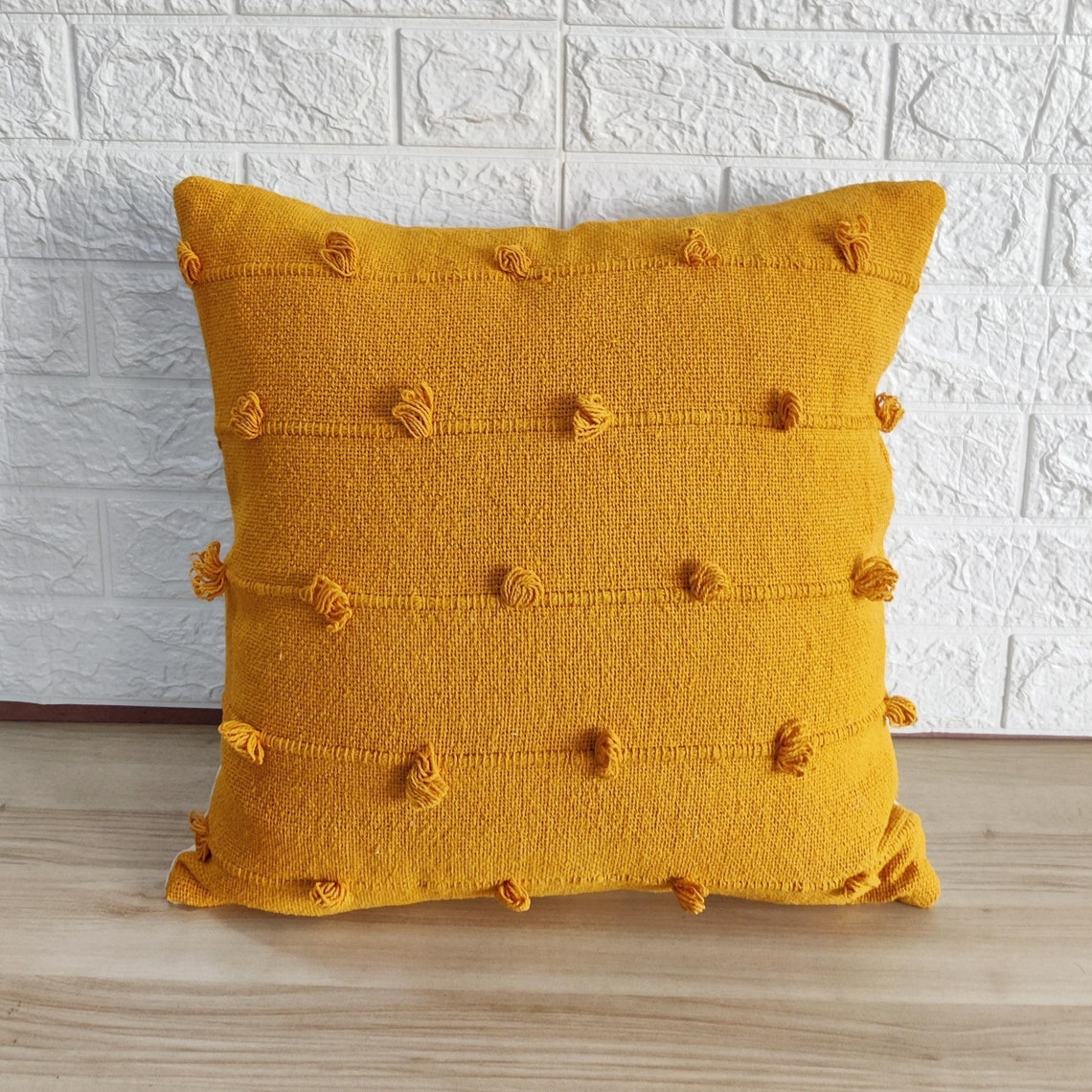 Mustard Yellow Natural Raw Cotton Hand Loom Woven Textured Fabric Cushion Cover