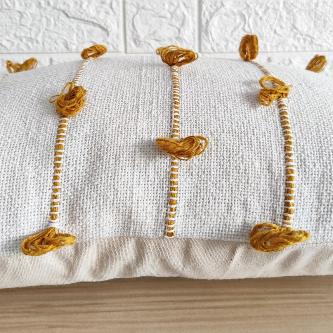 Mustard Yellow & Ivory Natural Raw Cotton Hand Loom Woven Textured Fabric Cushion Cover