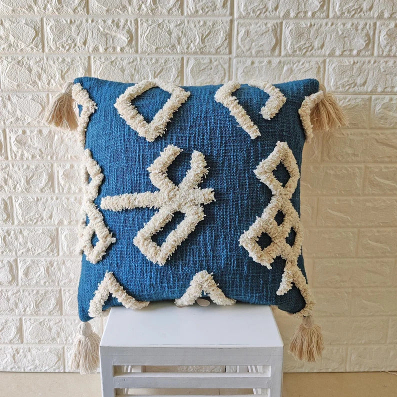Teal Blue Boho Tufted Cotton Cushion Cover
