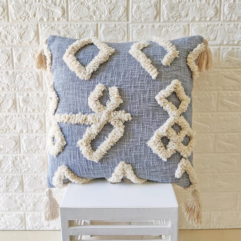 Grey Boho Tufted Cotton Cushion Cover