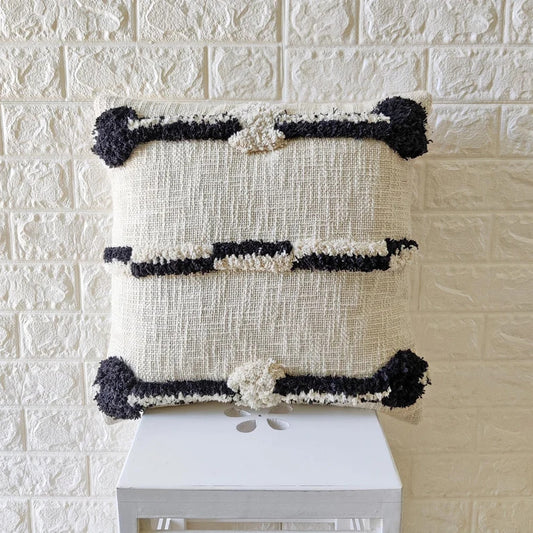 Black and Ivory Embroidered Tufted Cotton Cushion Cover