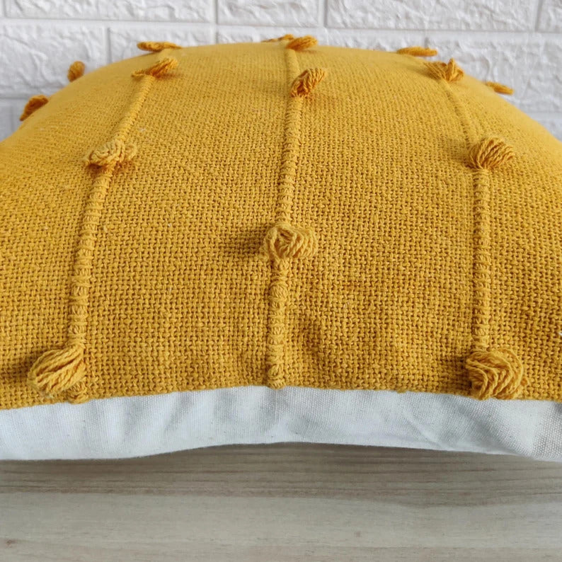 Mustard Yellow Natural Raw Cotton Hand Loom Woven Textured Fabric Cushion Cover