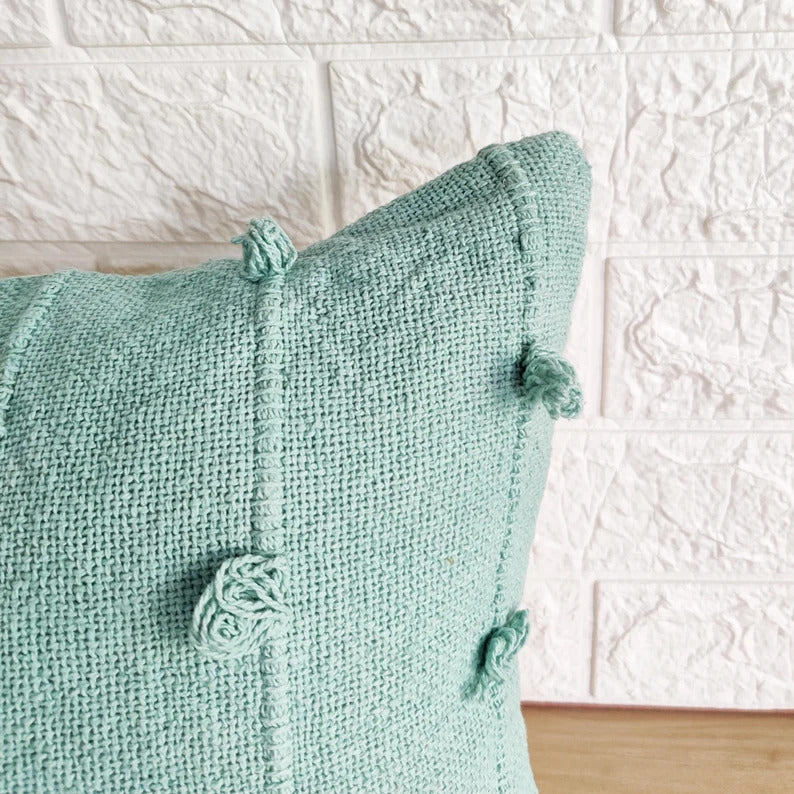 Sky Blue Natural Raw Cotton Hand Loom Woven Textured Fabric Cushion Covers