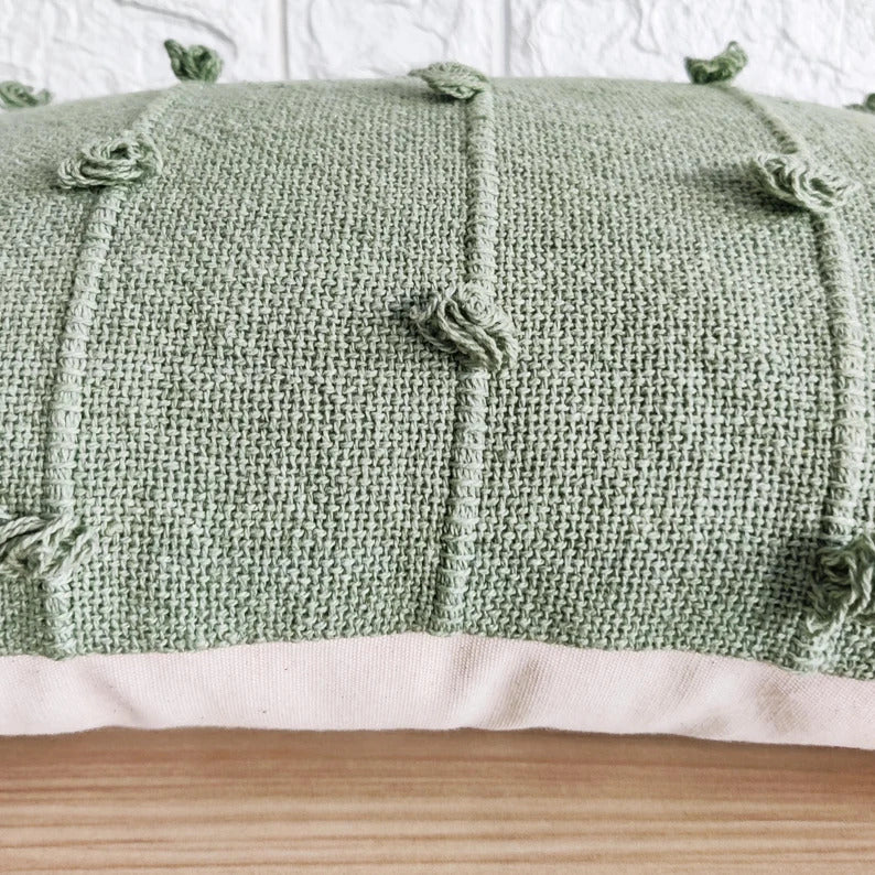 Olive Green Natural Raw Cotton Hand Loom Woven Textured Fabric Cushion Covers