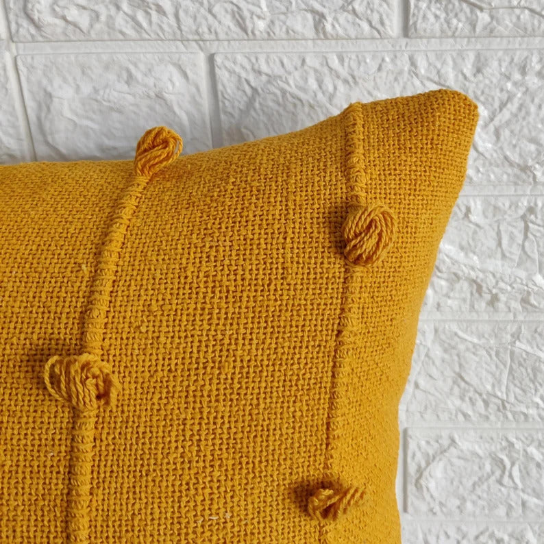 Mustard Yellow Natural Raw Cotton Hand Loom Woven Textured Fabric Cushion Cover