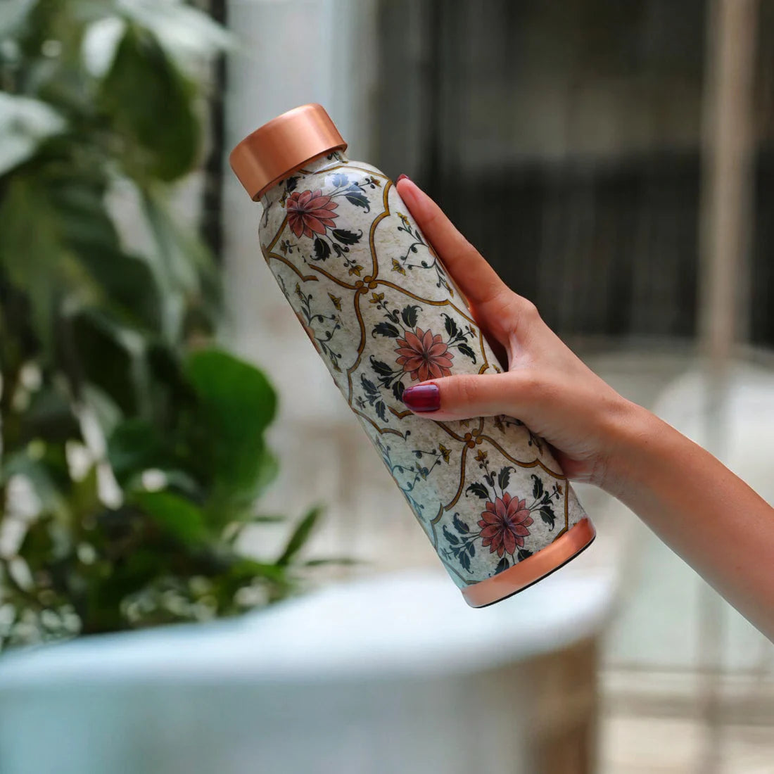 Vintage Floral Print Pure Copper Water Bottle