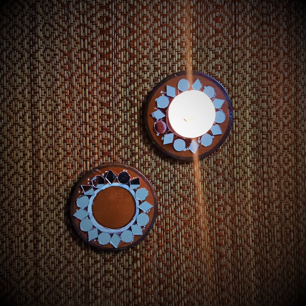Kutch Pottery Mirror Work Tealight Holder Round (Set of 2)