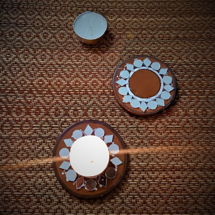 Kutch Pottery Mirror Work Tealight Holder Round (Set of 2)