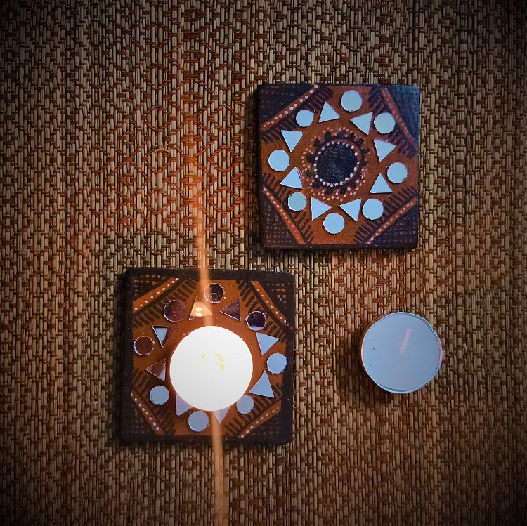 Kutch Pottery Mirror Work Tealight Holder Square Small (Set of 2)