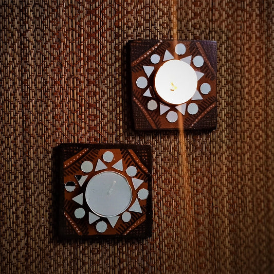Kutch Pottery Mirror Work Tealight Holder Square Small (Set of 2)