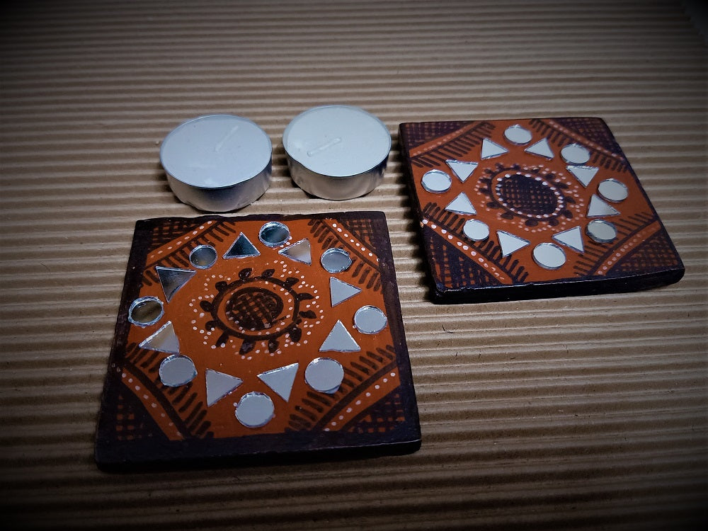 Kutch Pottery Mirror Work Tealight Holder Square Small (Set of 2)