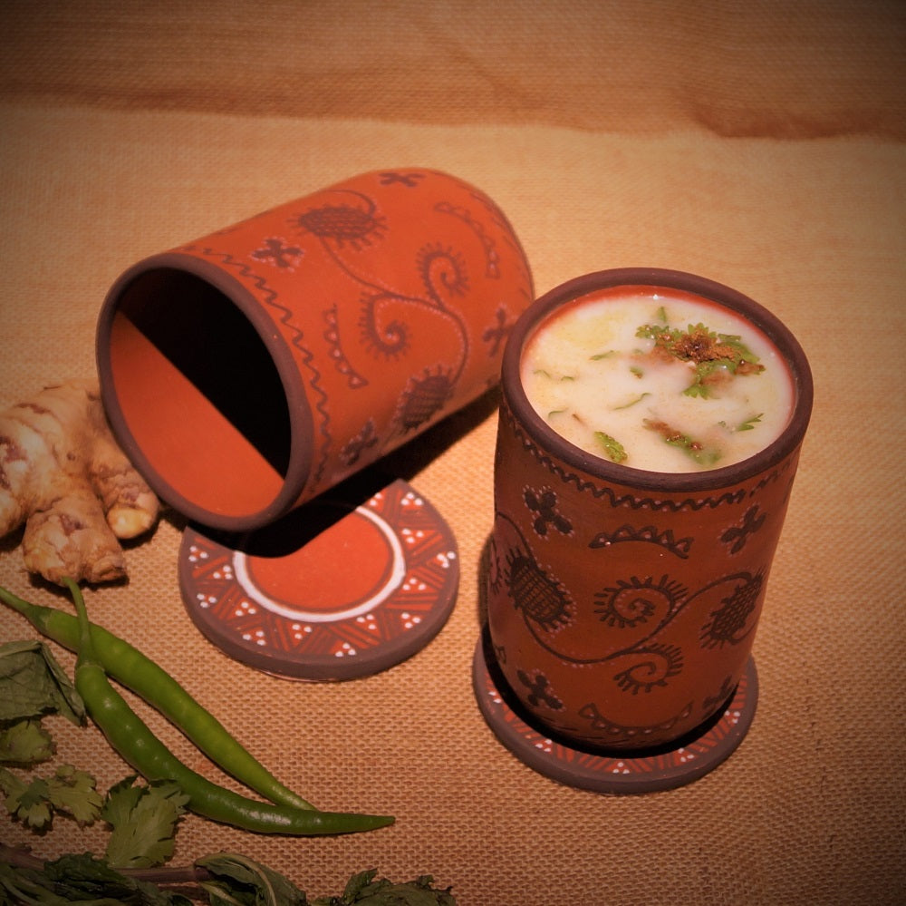Kutch Painted Pottery Tumblers and Coaster (Set of 2 Each)