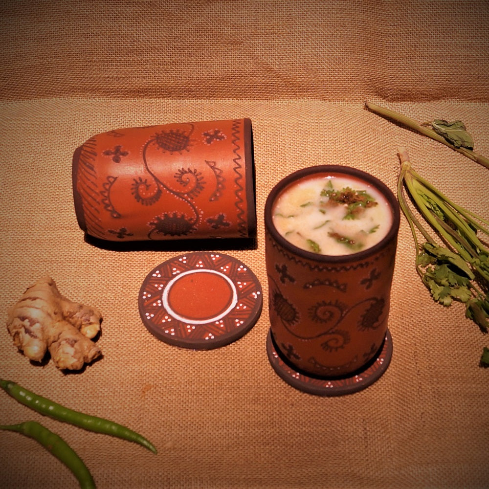 Kutch Painted Pottery Tumblers and Coaster (Set of 2 Each)