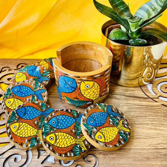 Neer Round Wooden Coaster with Holder | Set of 6