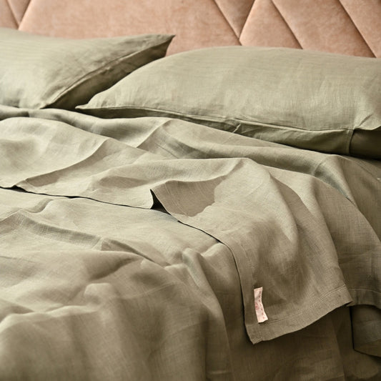 King Size Olive Green Hemp Bedsheet Set - Bugyal