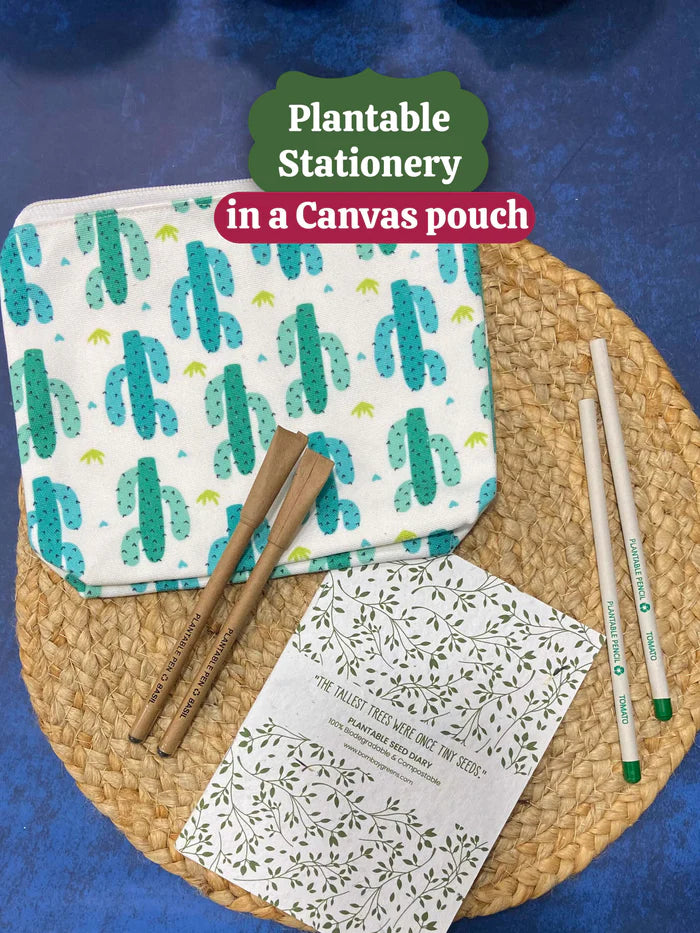 Plantable Stationery - Seed Diary, Seed Pens & Pencils in Zipper Pouch (Cactus Print)
