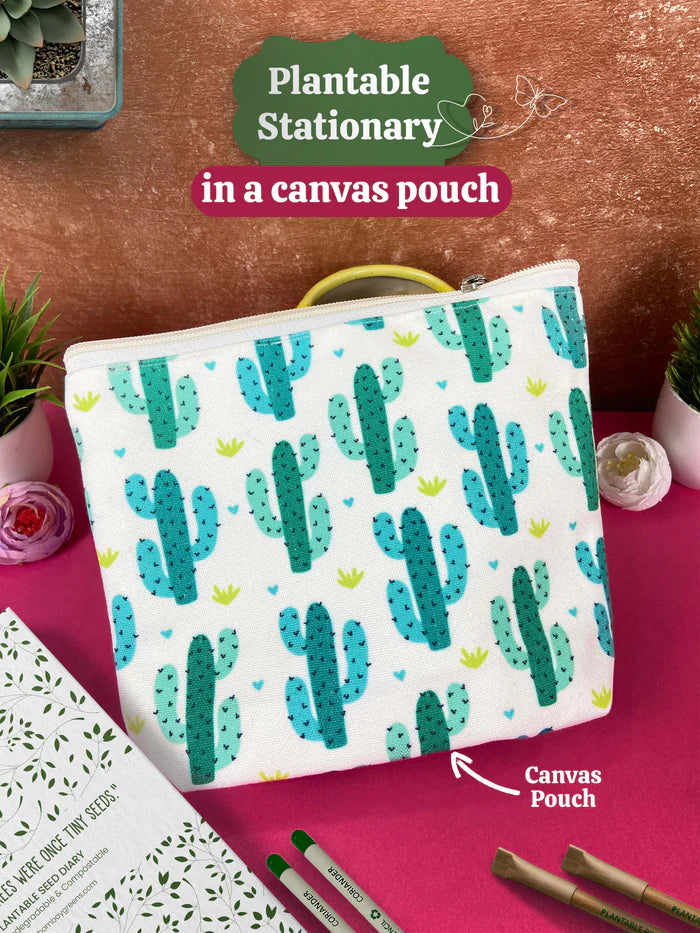 Plantable Stationery - Seed Diary, Seed Pens & Pencils in Zipper Pouch (Cactus Print)