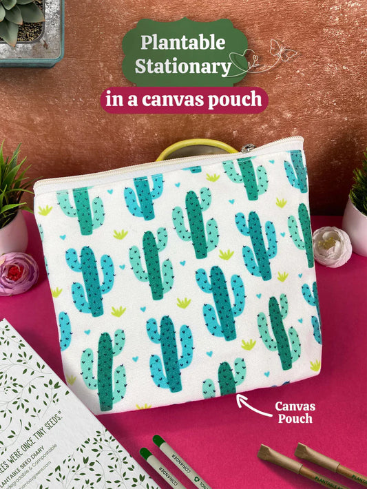 Plantable Stationery - Seed Diary, Seed Pens & Pencils in Zipper Pouch (Cactus Print)