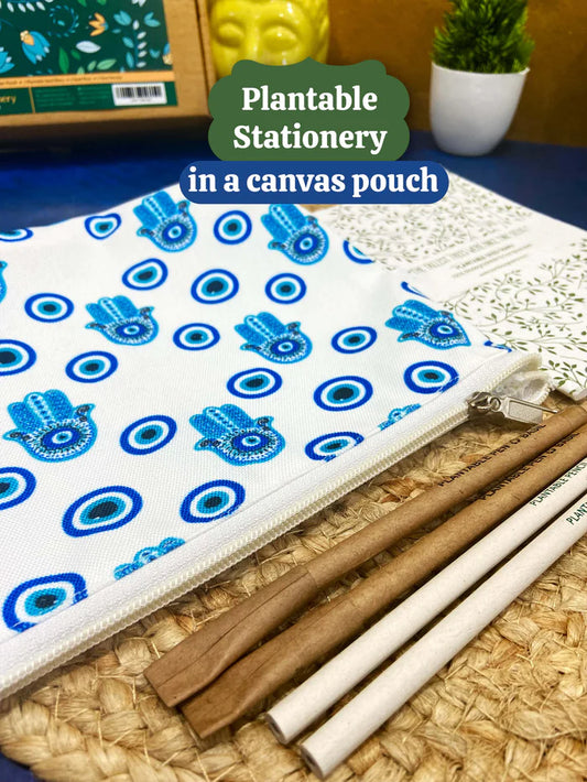 Plantable Stationery - Seed Diary, Seed Pens & Pencils in Zipper Pouch (Evil Eye Print)