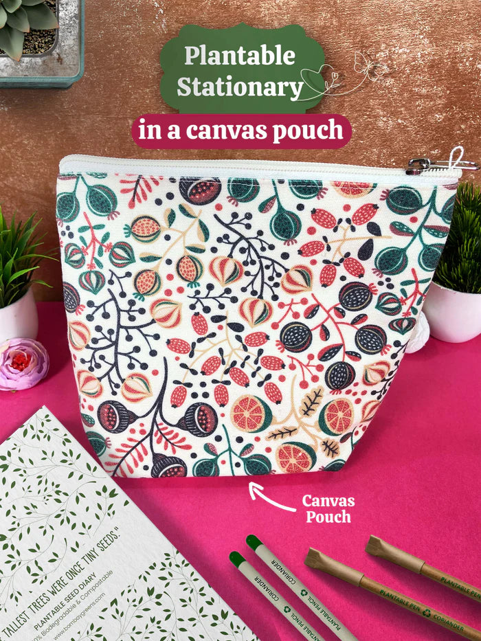 Plantable Stationery - Seed Diary, Seed Pens & Pencils in Zipper Pouch (Floral Print)