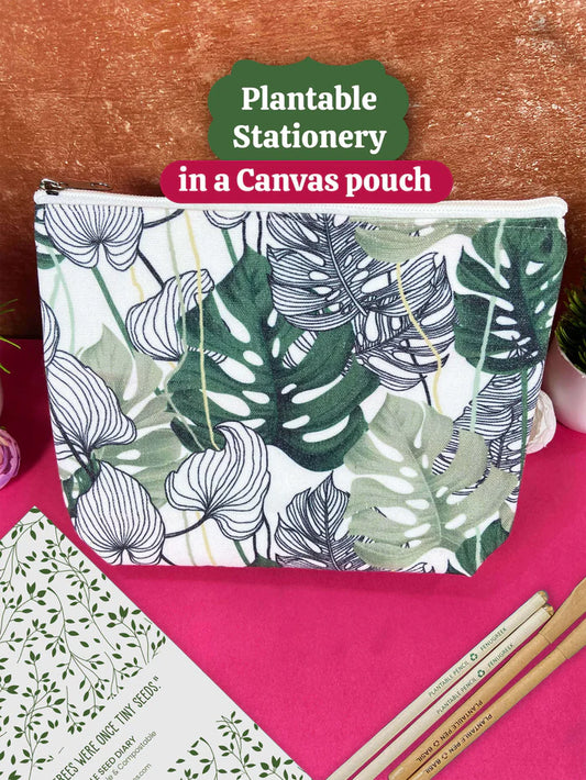 Plantable Stationery - Seed Diary, Seed Pens & Pencils in Zipper Pouch (Leafy Print)