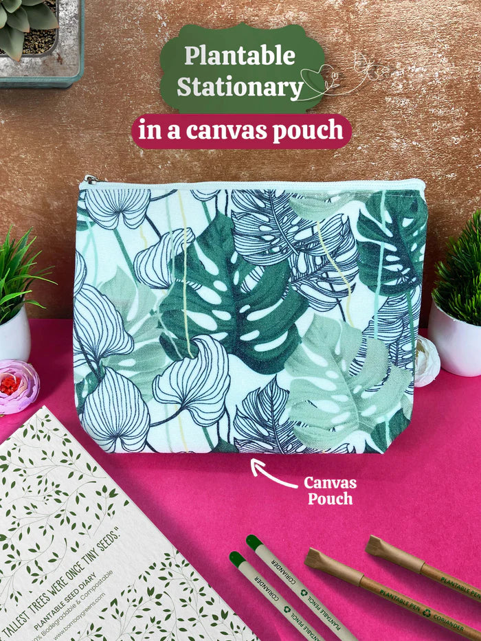 Plantable Stationery - Seed Diary, Seed Pens & Pencils in Zipper Pouch (Leafy Print)
