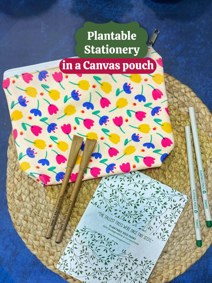 Plantable Stationery - Seed Diary, Seed Pens & Pencils in Zipper Pouch (Flowers Print)