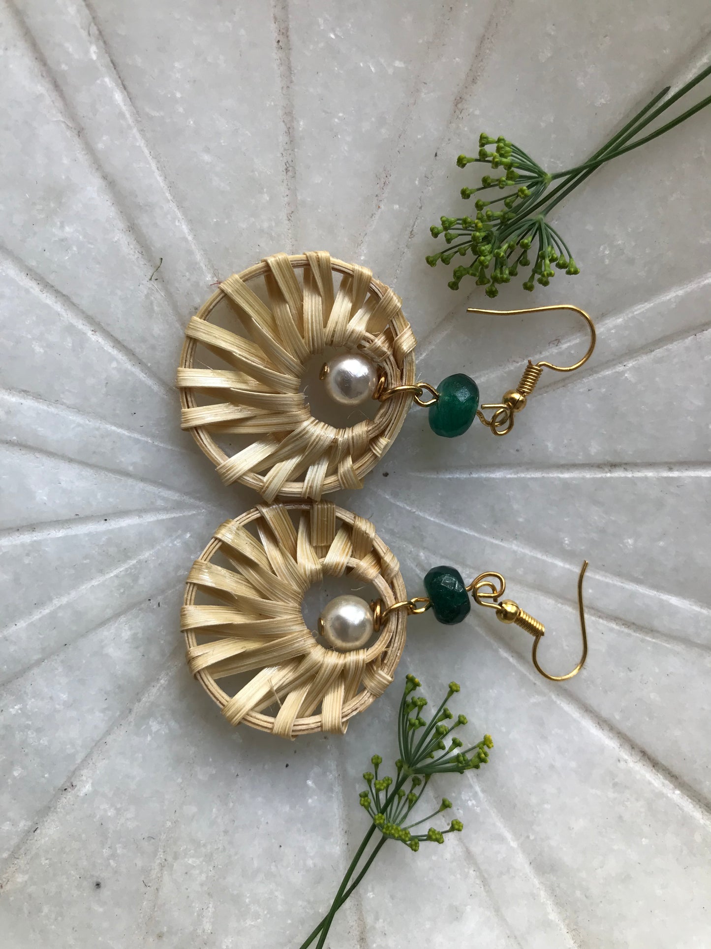 Handcrafted Bamboo Round Weaved Pearl Earrings (Green)