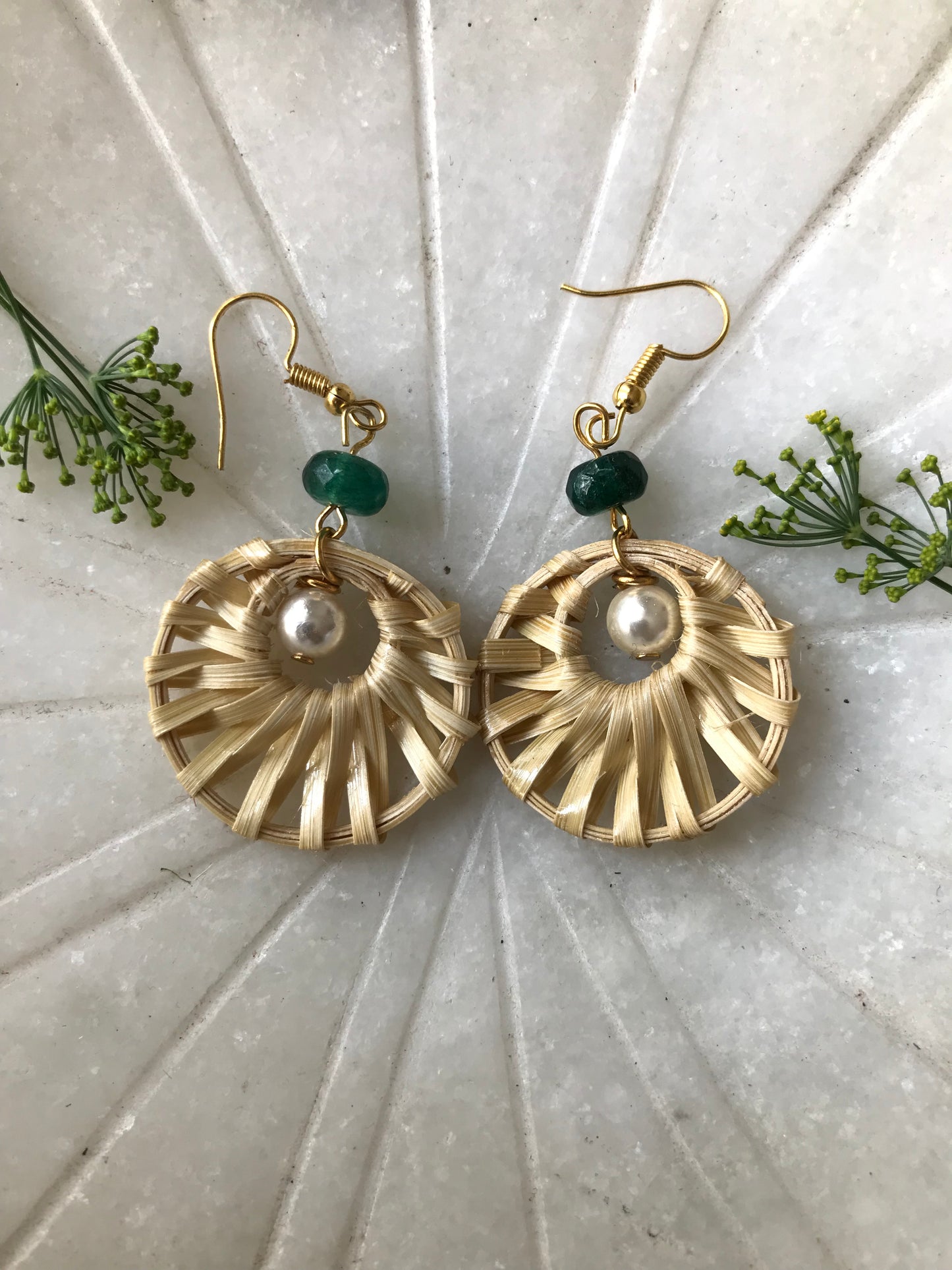 Handcrafted Bamboo Round Weaved Pearl Earrings (Green)