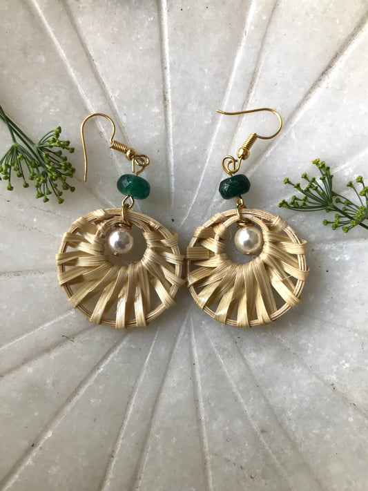 Handcrafted Bamboo Round Weaved Pearl Earrings (Green)