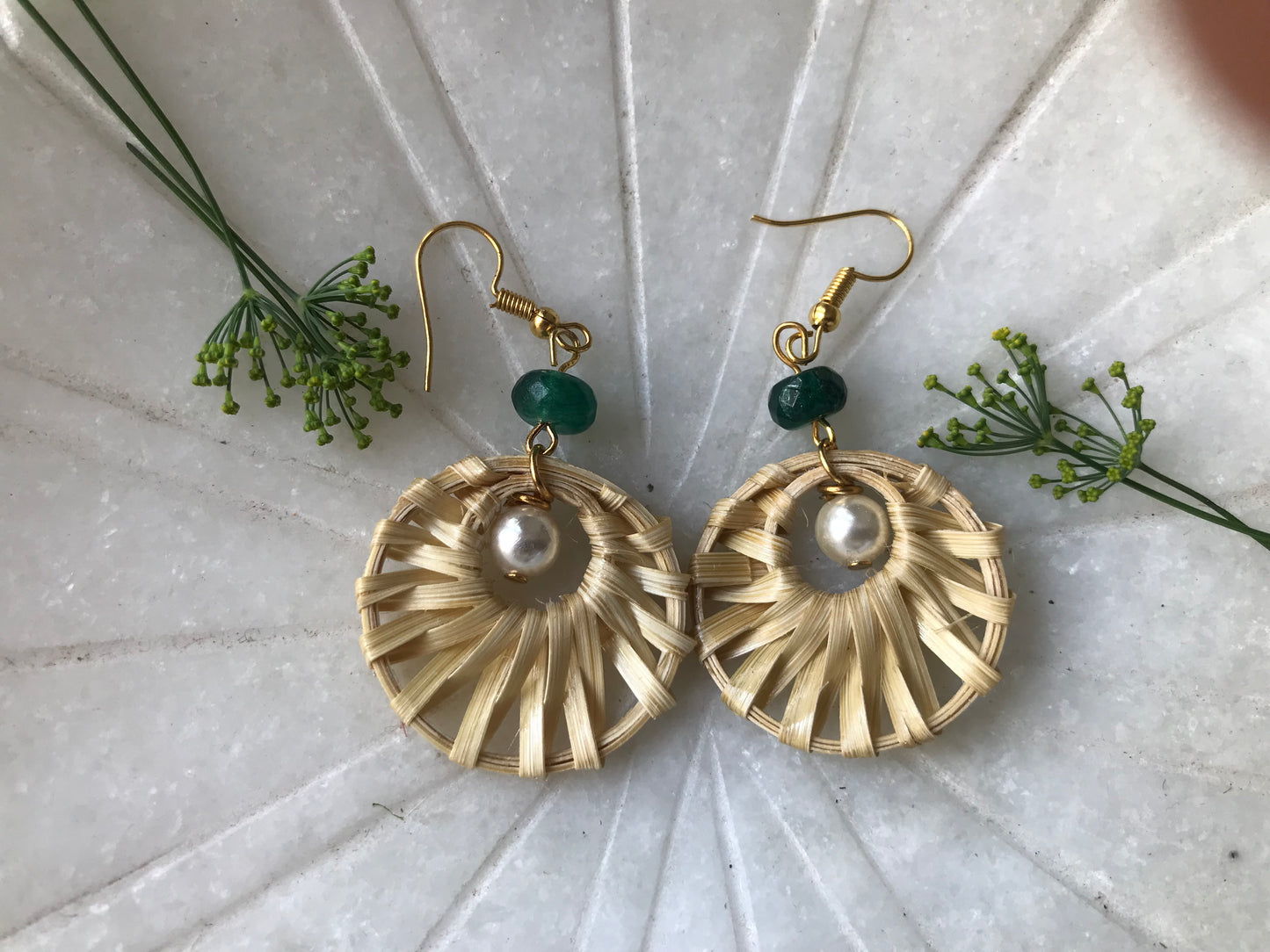 Handcrafted Bamboo Round Weaved Pearl Earrings (Green)