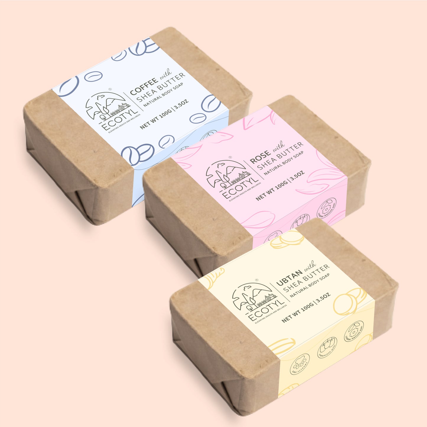 Shea Butter Soaps - Ubtan, Rose & Coffee | 100% Natural | Set of 3