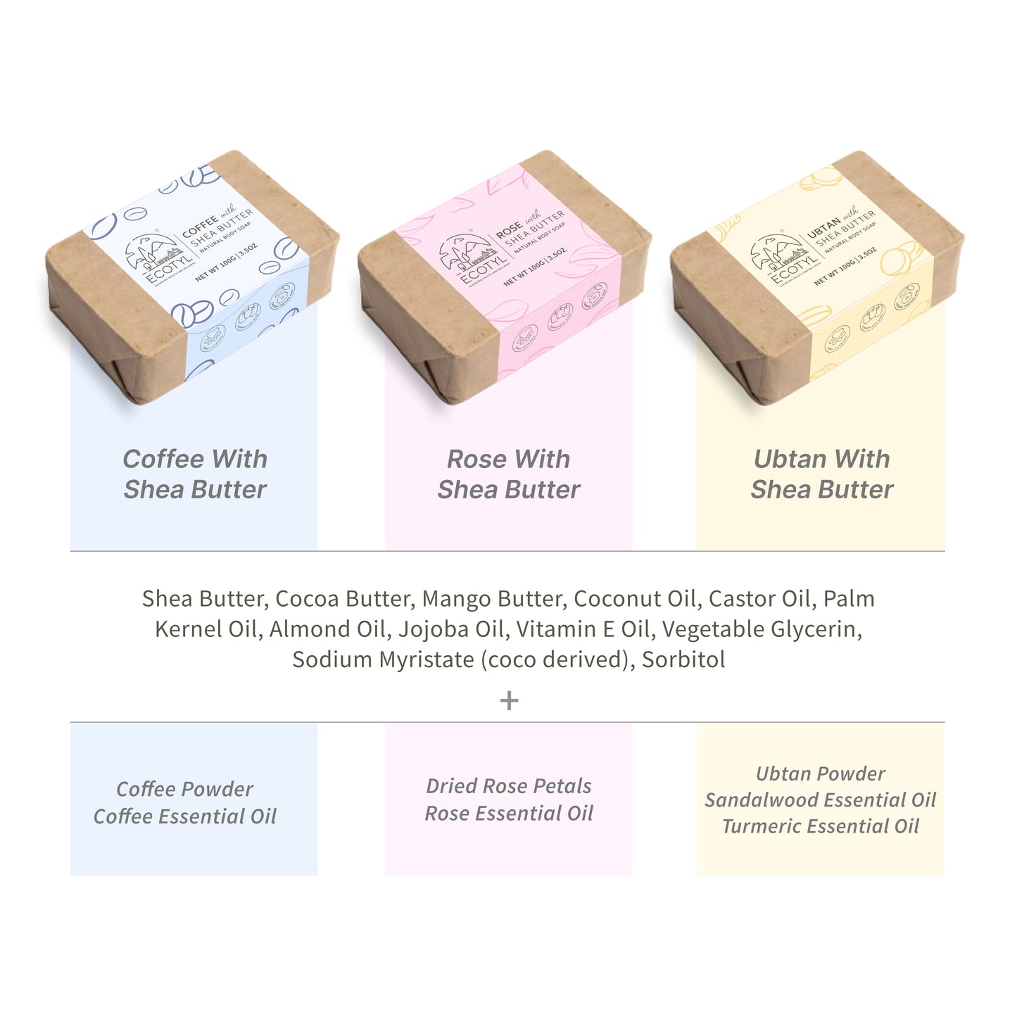 Shea Butter Soaps - Ubtan, Rose & Coffee | 100% Natural | Set of 3