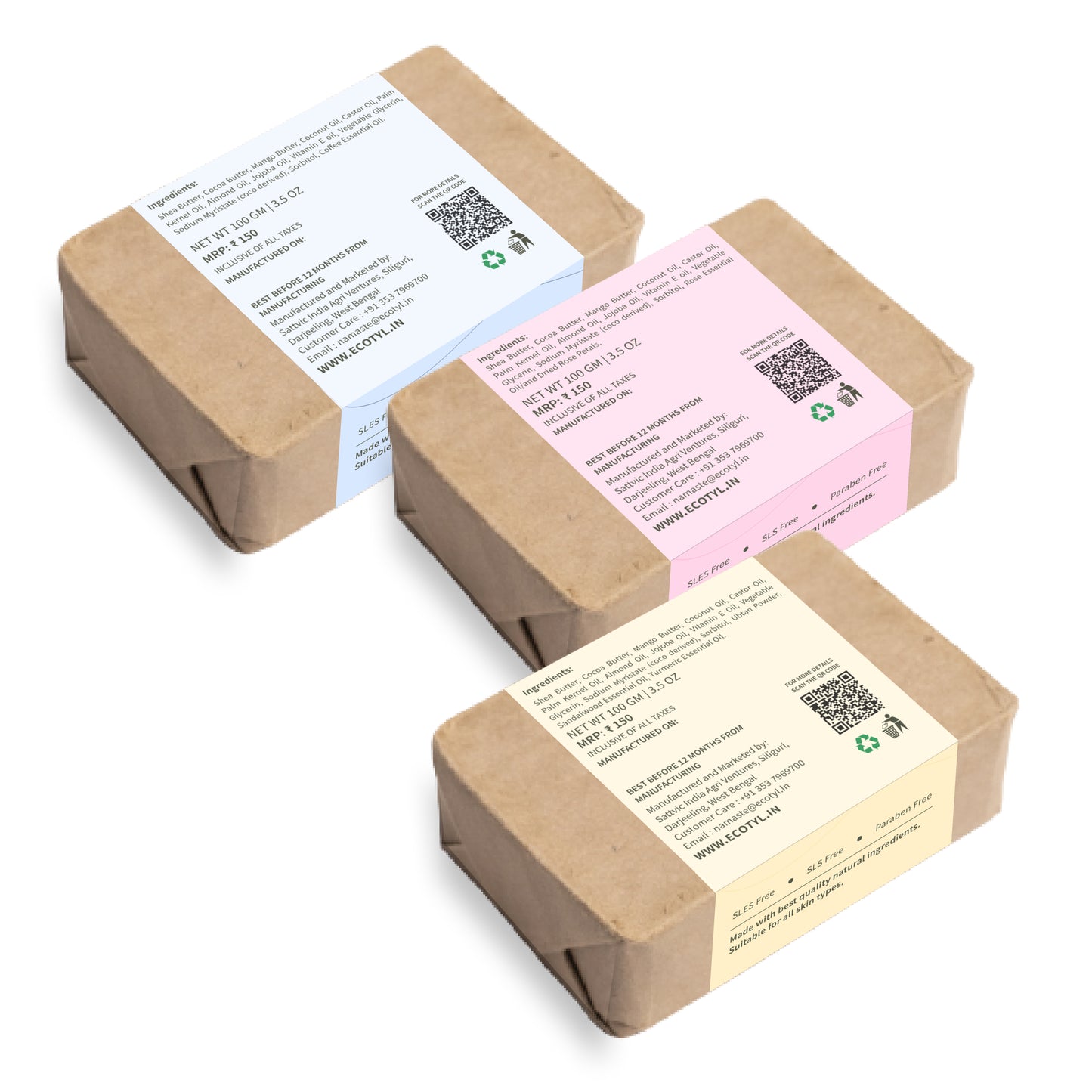 Shea Butter Soaps - Ubtan, Rose & Coffee | 100% Natural | Set of 3