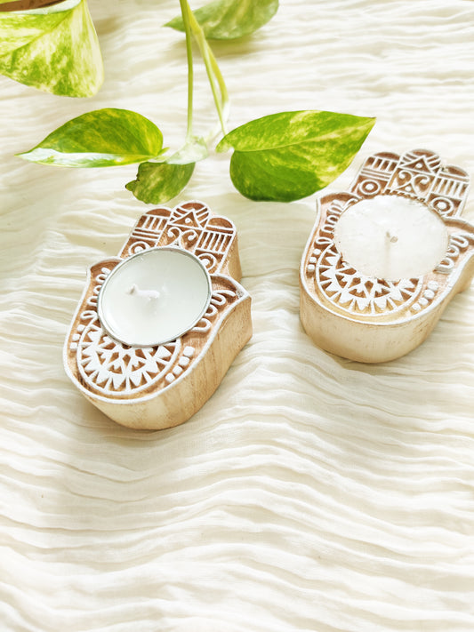 Handcrafted Wooden Tea light holders (Hamza Hand)(Set of 2)