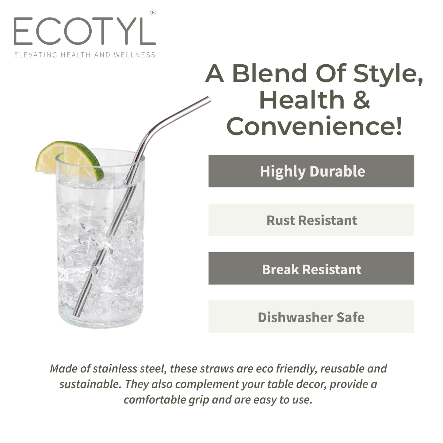 Stainless Steel Straw Bent with Cleaning Brush | Reusable Straws | Set of 4