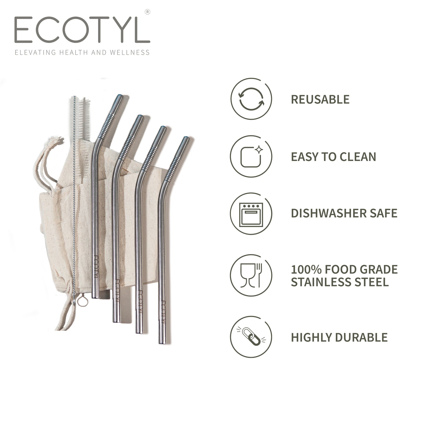 Stainless Steel Straw Bent with Cleaning Brush | Reusable Straws | Set of 4