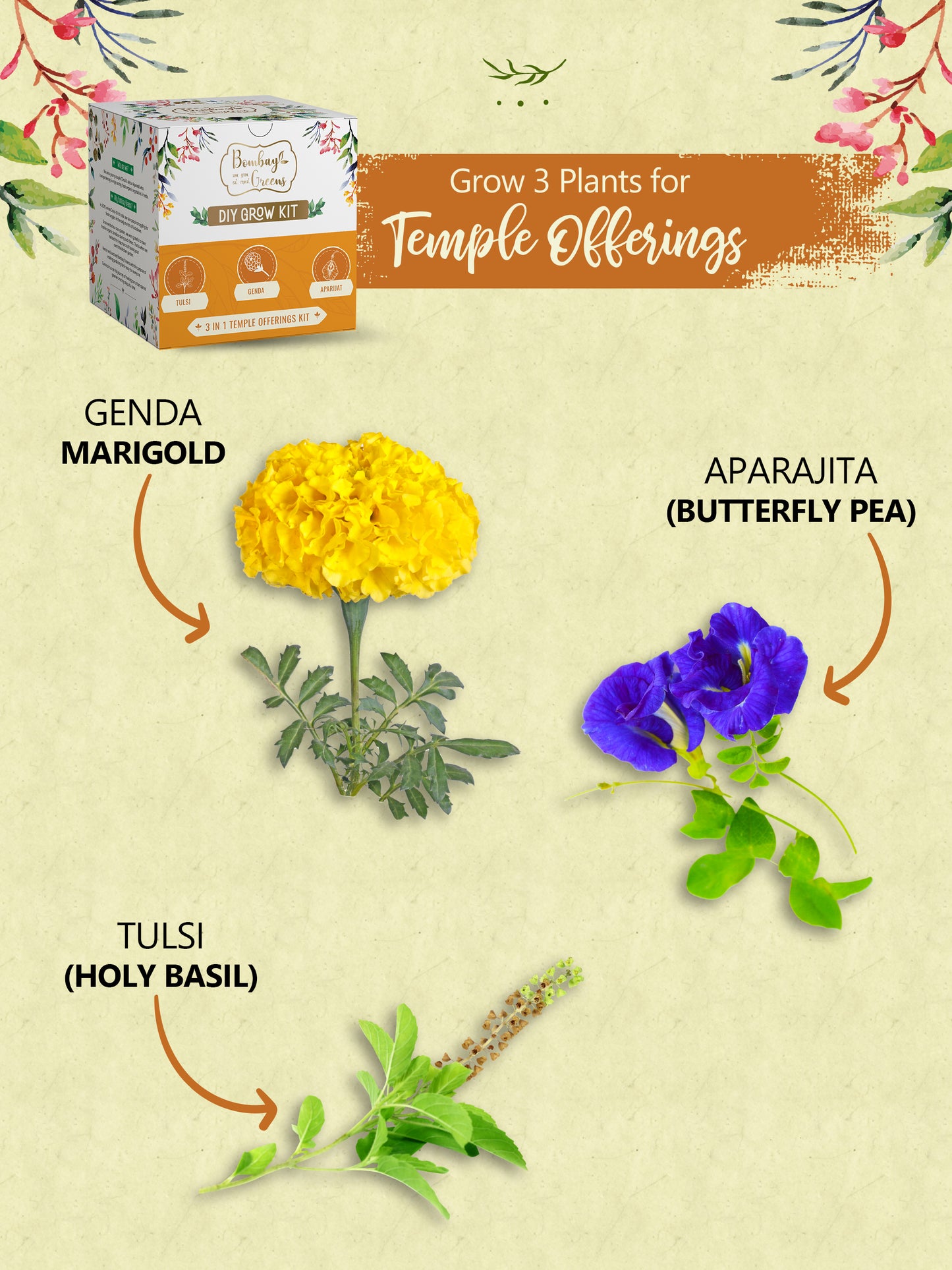 Temple Offerings Kit - Tulsi, Genda, Aparajita