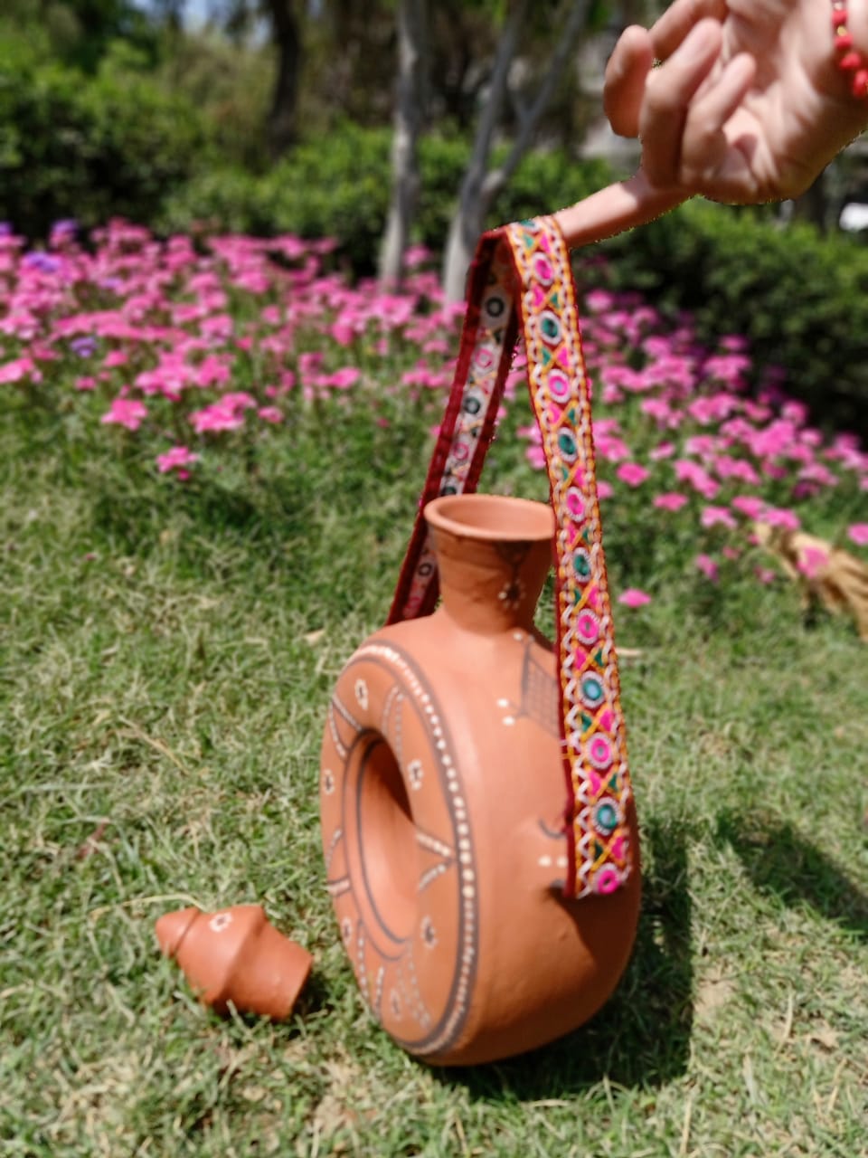 Kutch Painted Pottery Donut Bottle with Strap