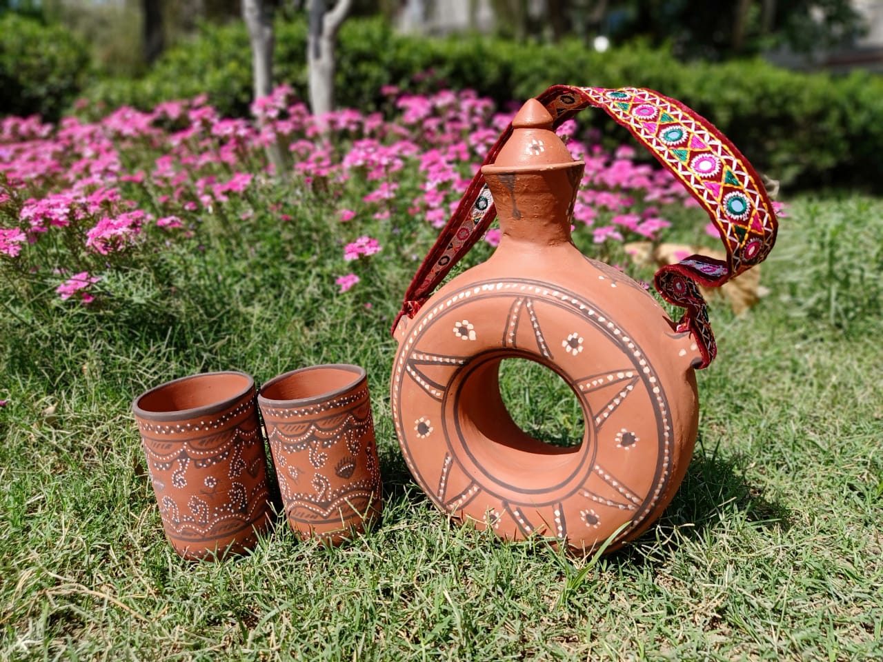 Kutch Painted Pottery Donut Bottle with Strap