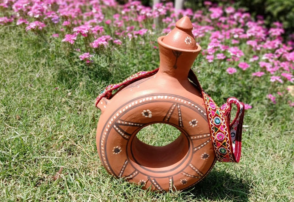 Kutch Painted Pottery Donut Bottle with Strap