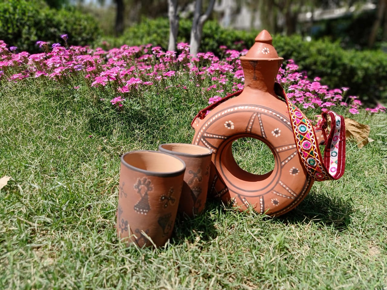 Kutch Painted Pottery Donut Bottle with Strap