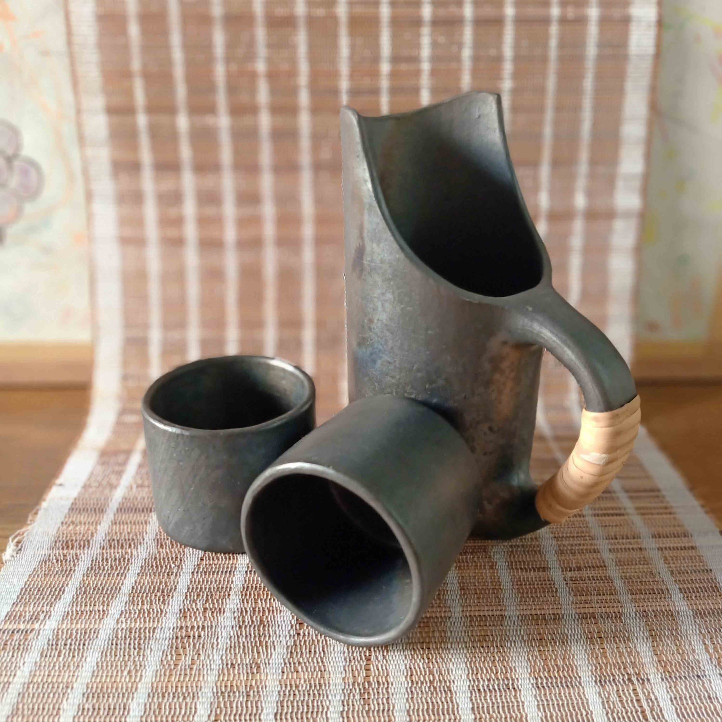 Longpi Black Pottery Jug and Tumblers Set