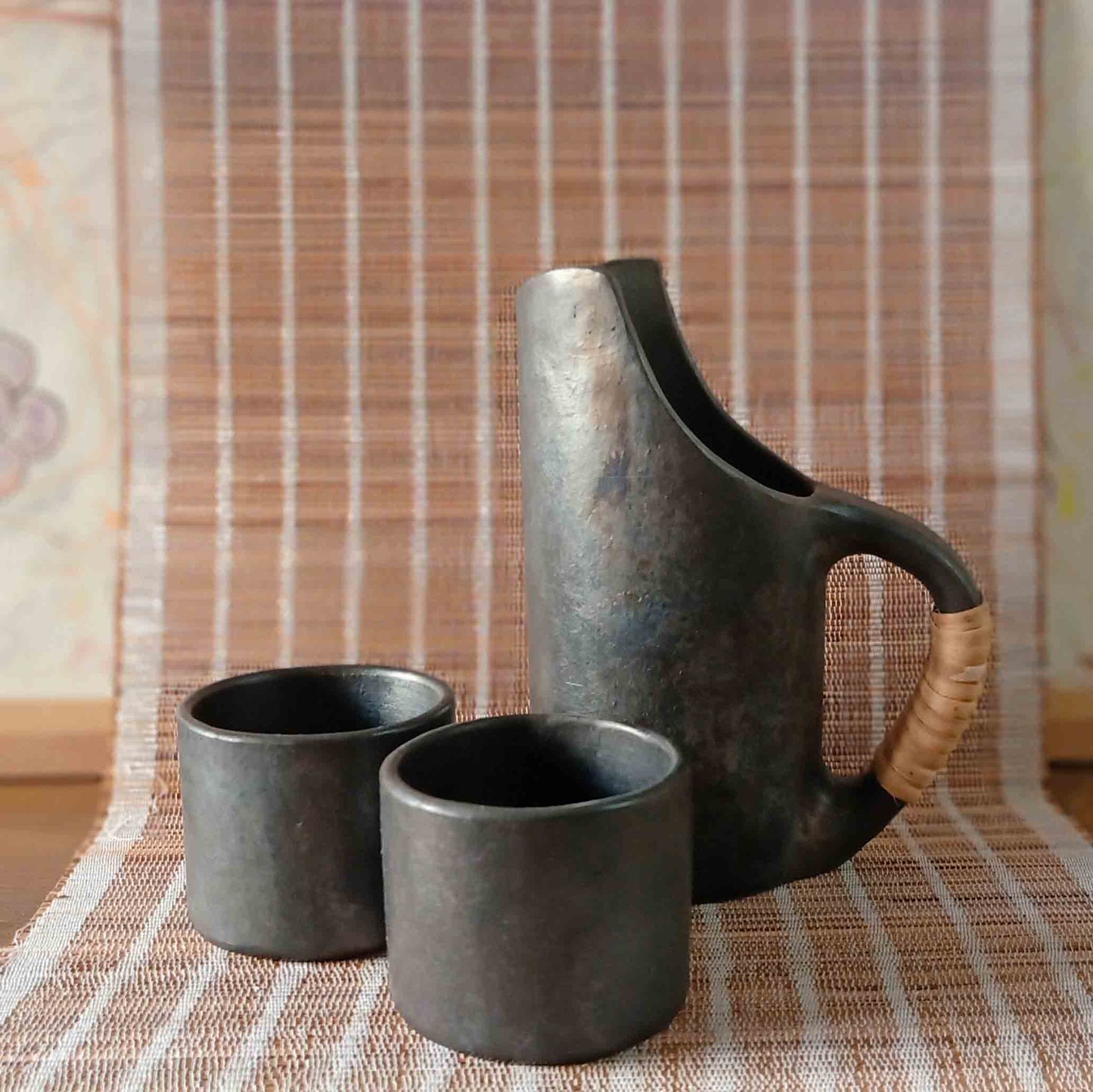 Longpi Black Pottery Jug and Tumblers Set