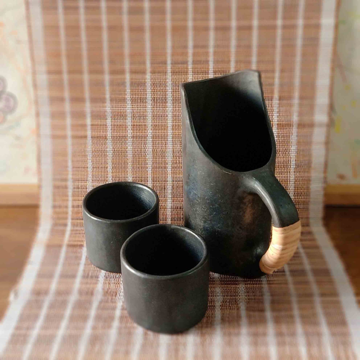 Longpi Black Pottery Jug and Tumblers Set
