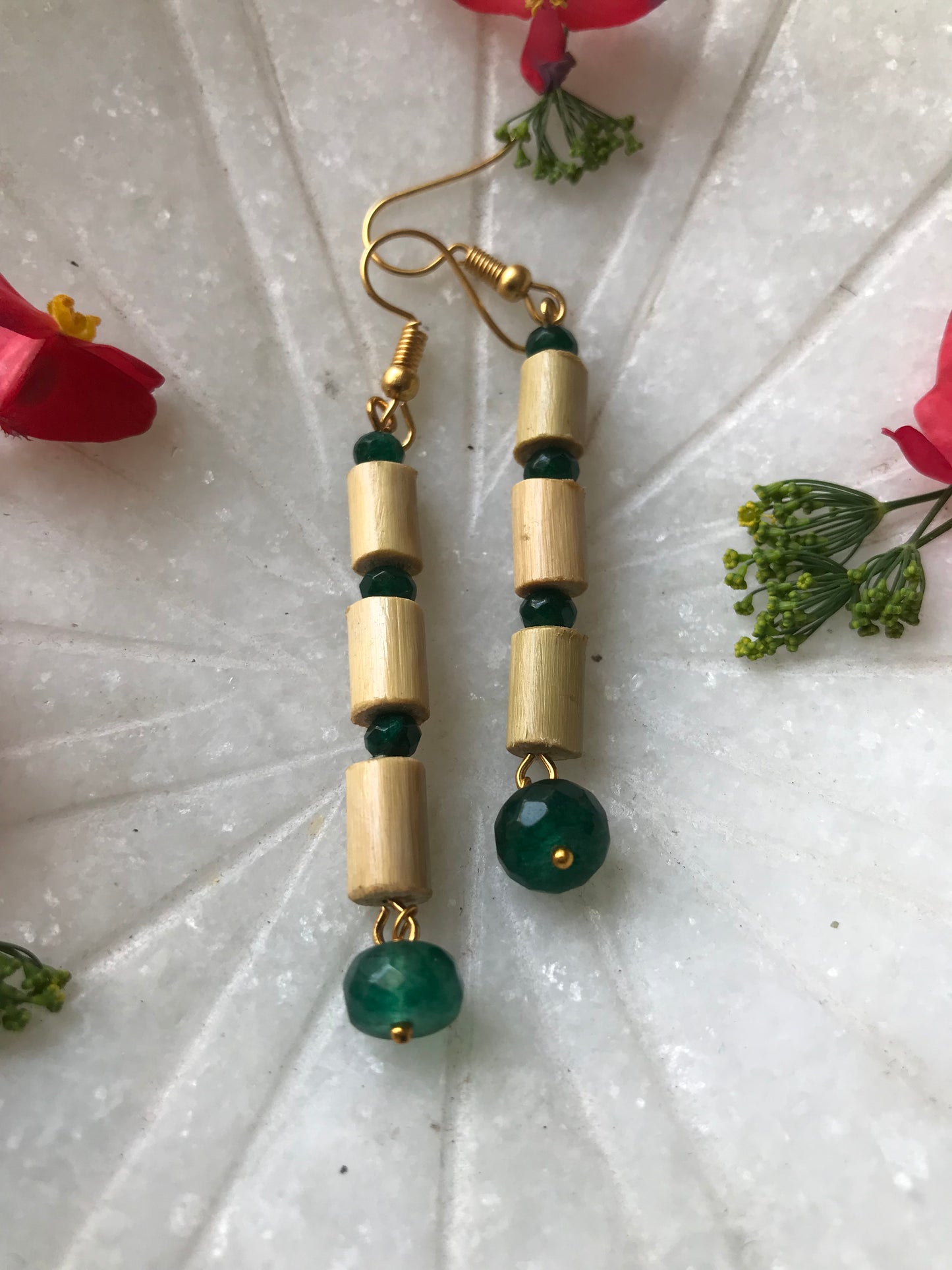 Handcrafted Bamboo Three Bead Earrings (Green)
