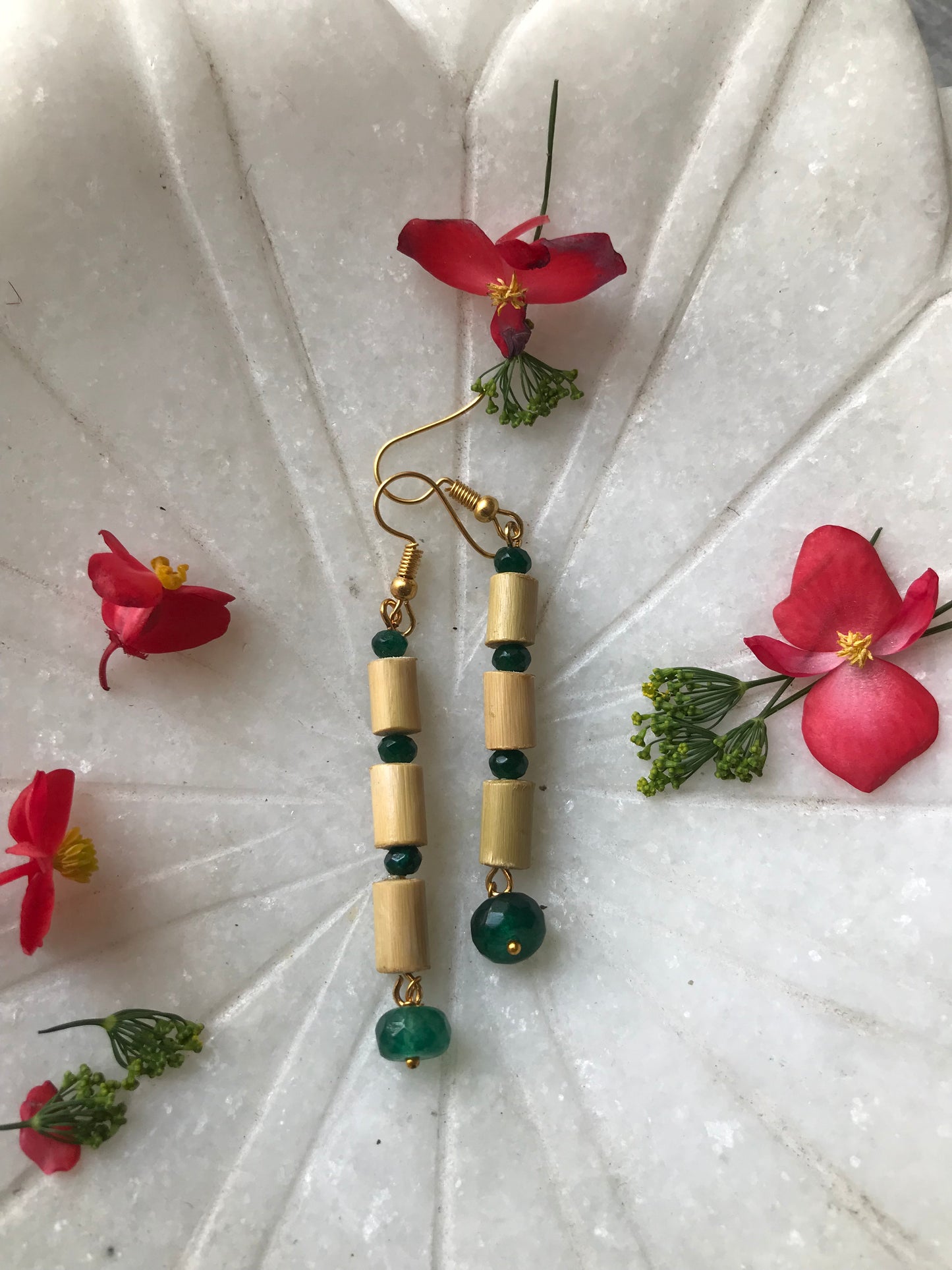 Handcrafted Bamboo Three Bead Earrings (Green)