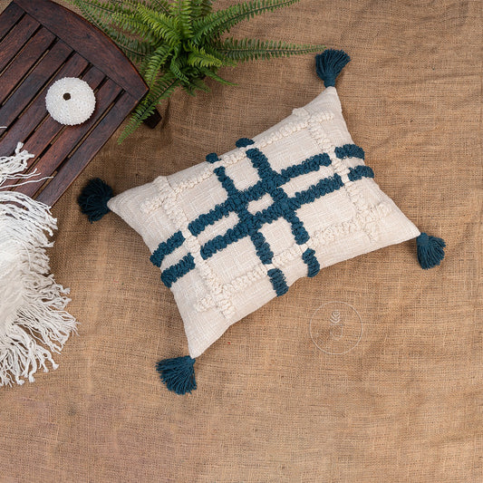 Ivory and Teal Blue Hand Tufted Textured Cotton Designer Lumber Cushion Cover